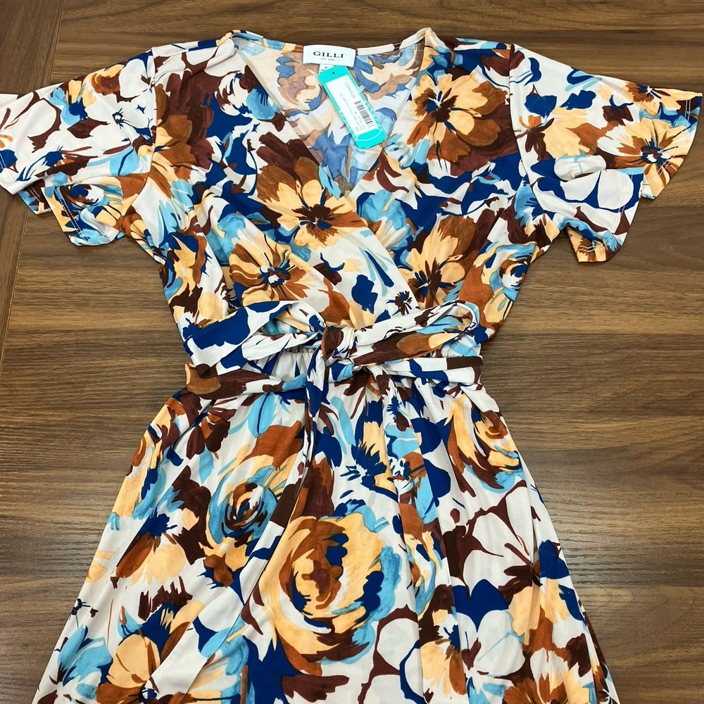 GILLI Womens Blue/Tan‎ Aurelle Floral Belted Wrap Side Slit Maxi Dress Size M